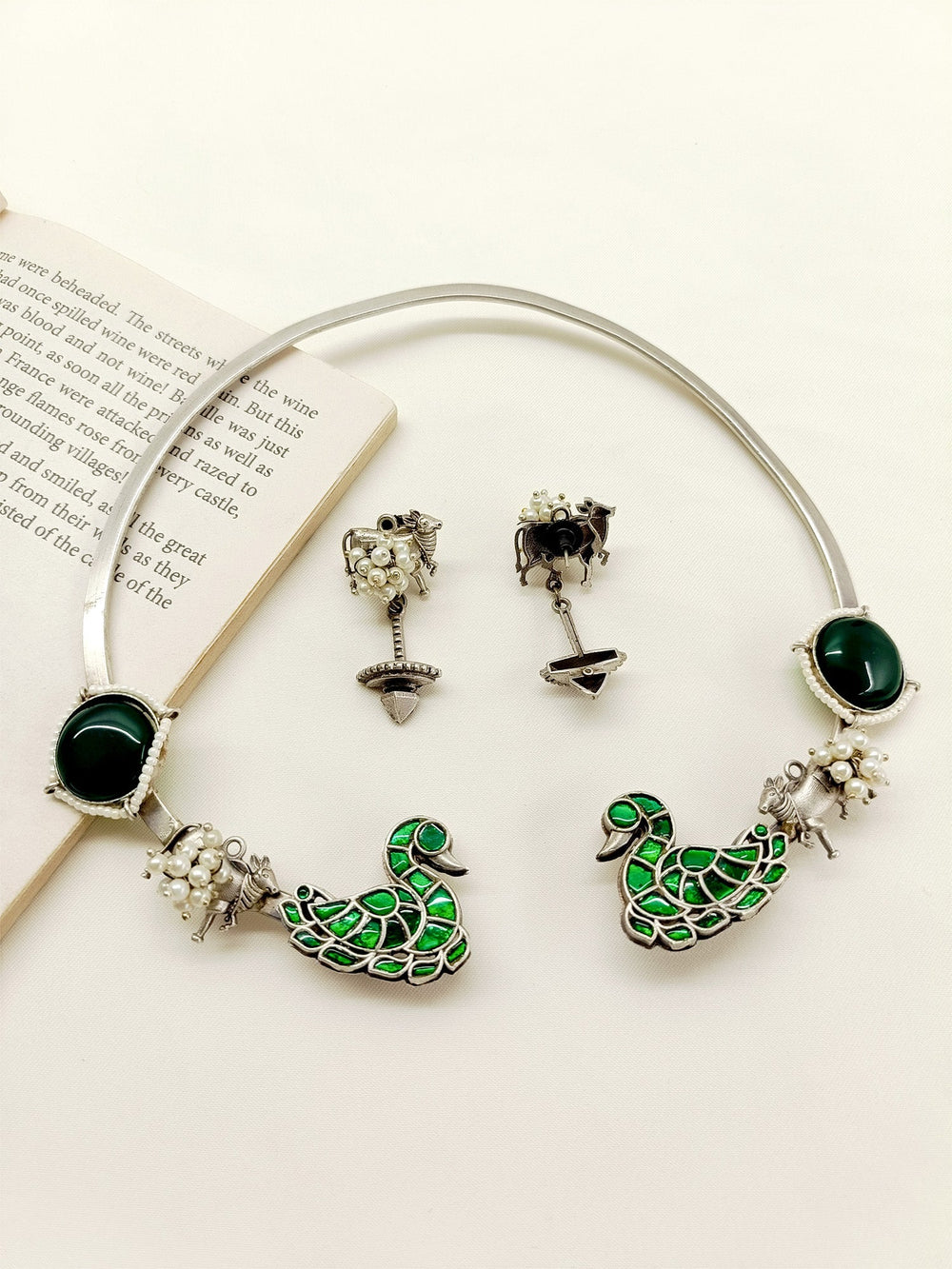 Shiloh Green Peacock Oxidized Hasli Style Necklace Set