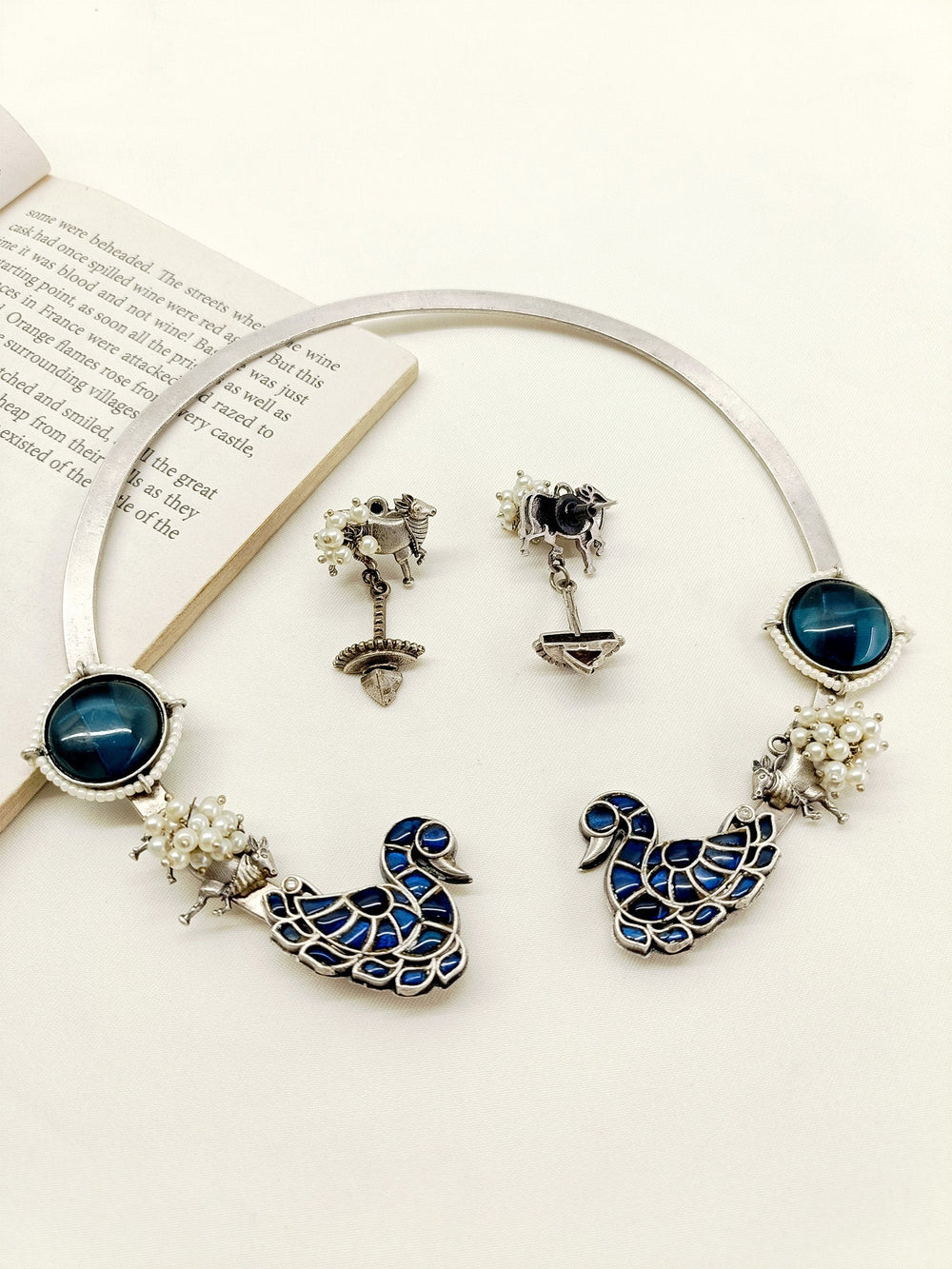 Shumaila Blue Peacock Oxidized Hasli Style Necklace Set