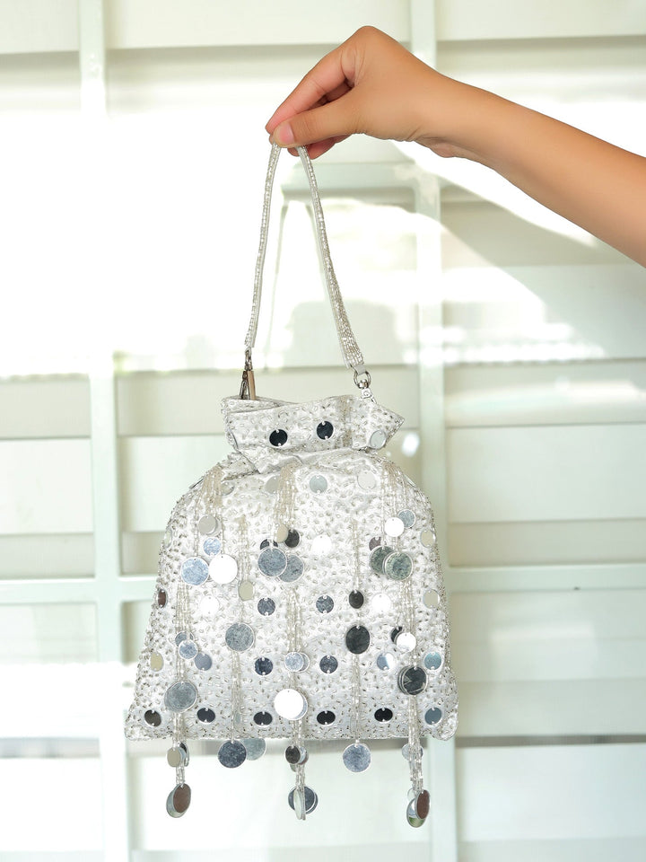 Agnes Silver Potli Bag - Mirror Work For Weddings