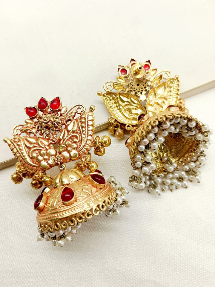 Madhulata Ruby Stone Gold Plated Antique Temple Jhumki