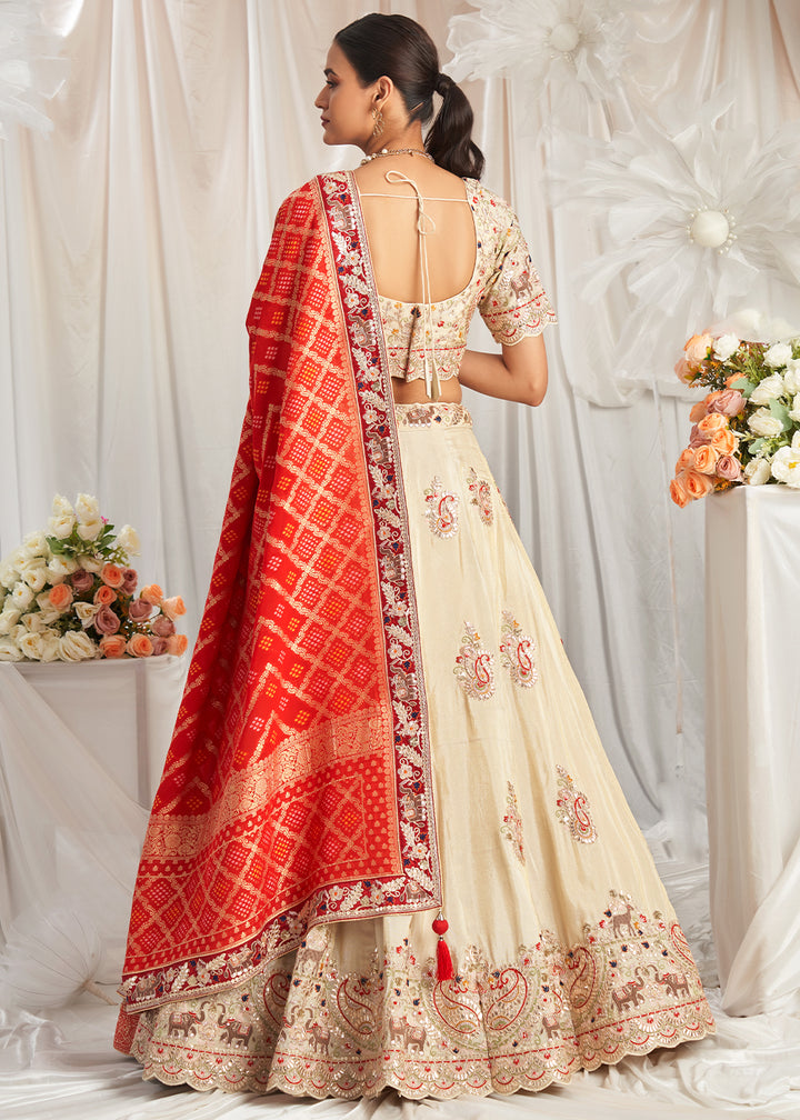 Cream White & Red Tissue Lehenga Choli Intricate with Gotapatti Embroidery Work