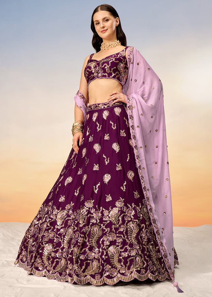 Eggplant Purple Georgette Lehenga Choli Adorned with Sequins Embroidery