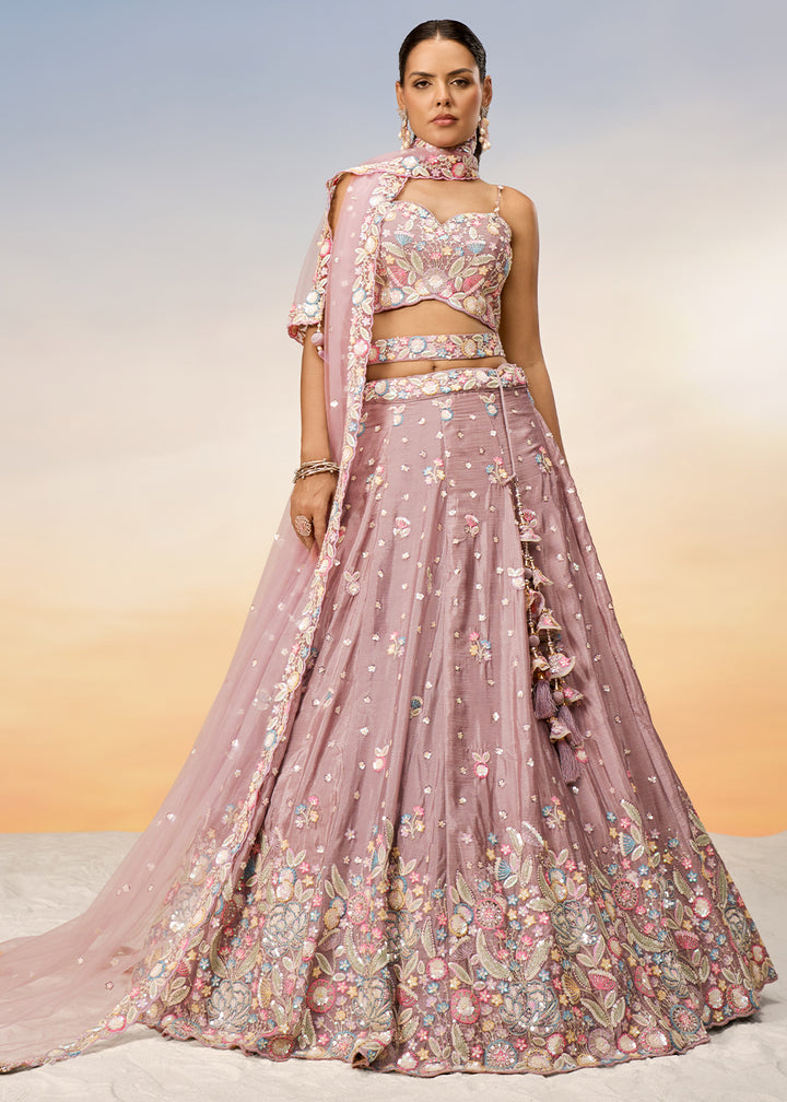 Rose Gold Pink Chiffon Lehenga Choli Adorned with Sequins & Thread Embroidery