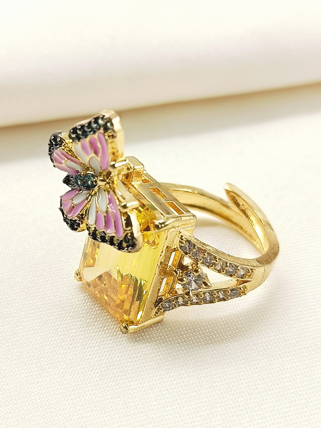 Gatha Pink Butterfly Yellow American Diamond Ring