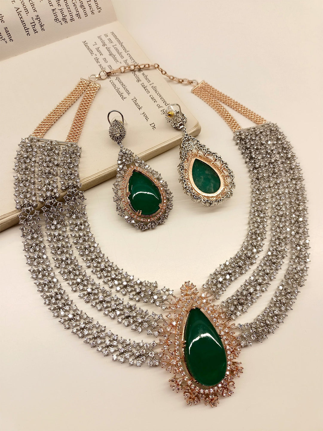 Nishika Green American Diamond Necklace Set