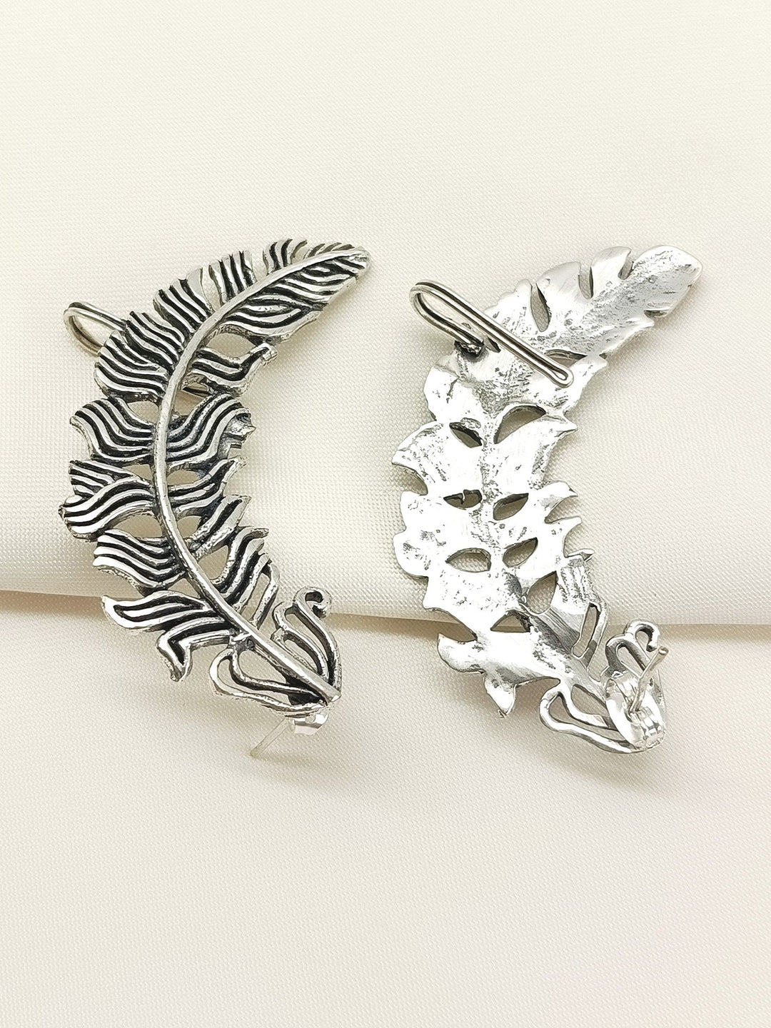 Aadith Silver Men’s Oxidized Silver Feather Earrings - Ear