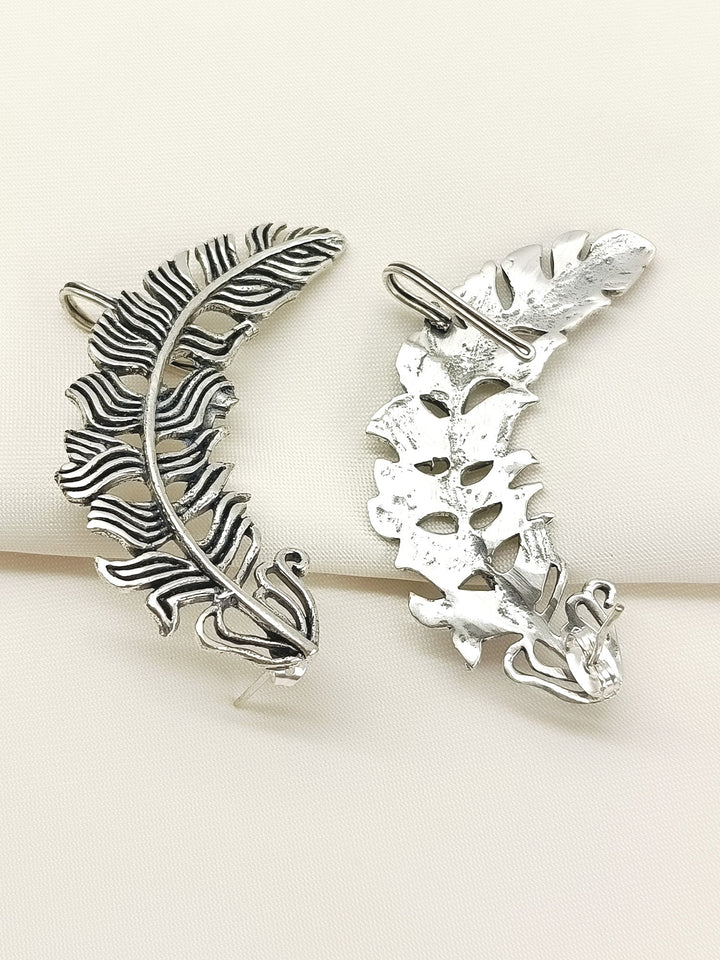 Aadith Silver Men’s Oxidized Silver Feather Earrings - Ear