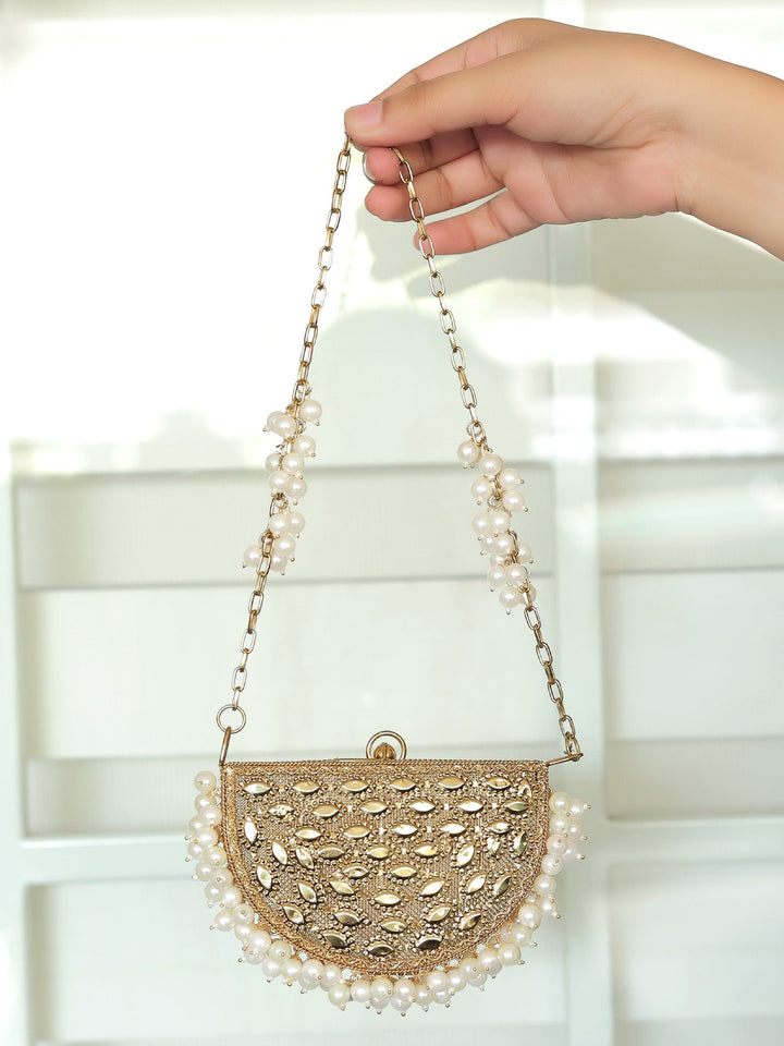 Abeela Golden Mini Metal Clutch - Pearl &amp; Stone Embellished