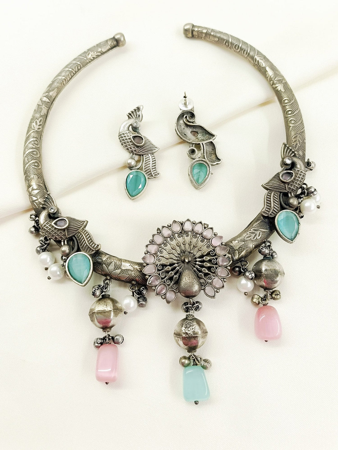 Chadni Baby Pink Peacock Oxidized Hasli Style Necklace Set