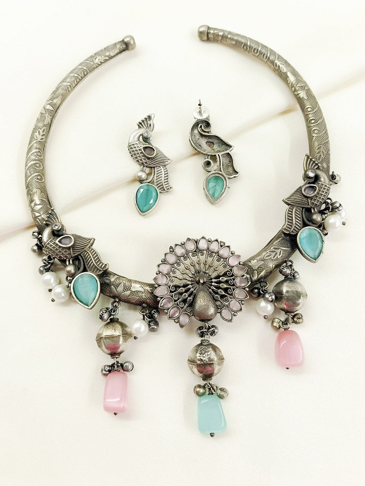Chadni Baby Pink Peacock Oxidized Hasli Style Necklace Set