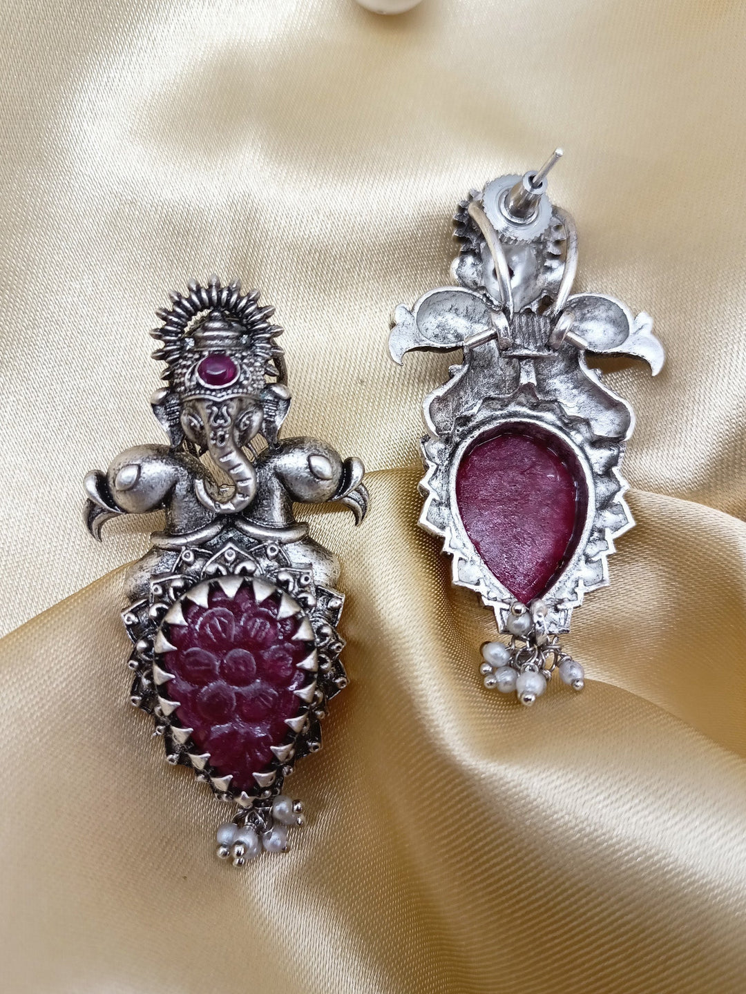 Jessie Ganesha Earrings With Maroon Carved Stone