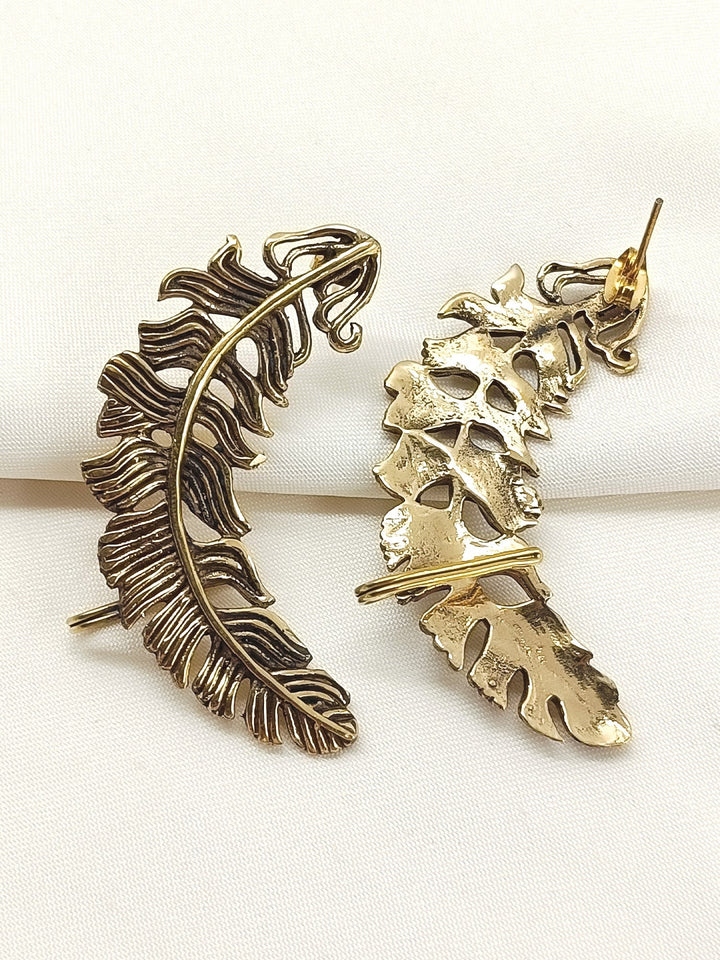 Prarik Men’s Antique Gold Feather Earrings - 4 cm Pair