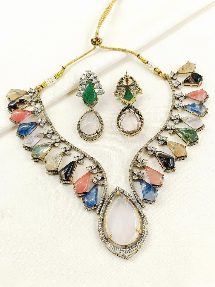 Aatreya Multicolor Victorian Raw Stone Necklace Set