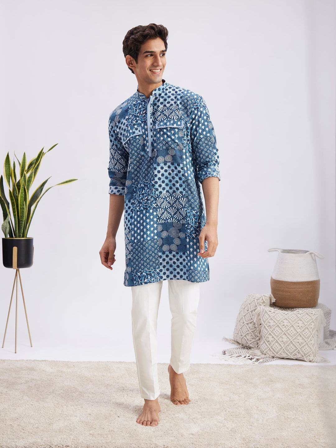 Sarvati Men's Grey Block Print Cotton Kurta Pyjama Set