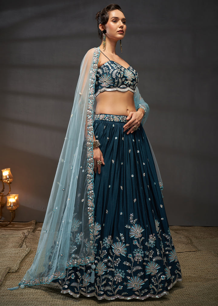 Prussian Blue Chiffon Lehenga Choli Adorned with Sequins Embroidery