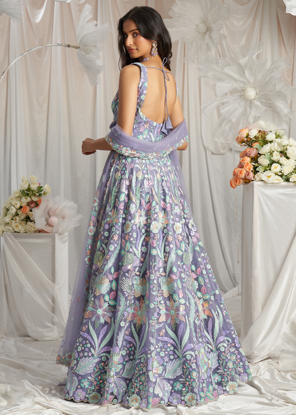 Lavender Purple Net Lehenga Choli Adorned with Sequins Embroidery Work