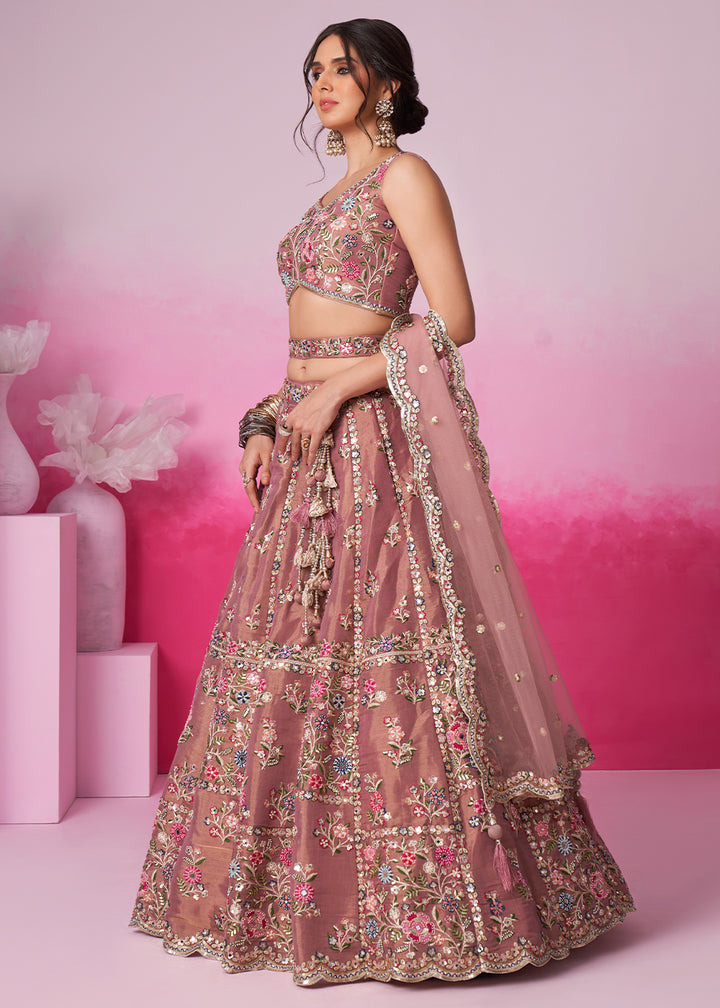 Wild Orchid Pink Net Lehenga Choli Adorned with Moti & Sequins Embroidery Work