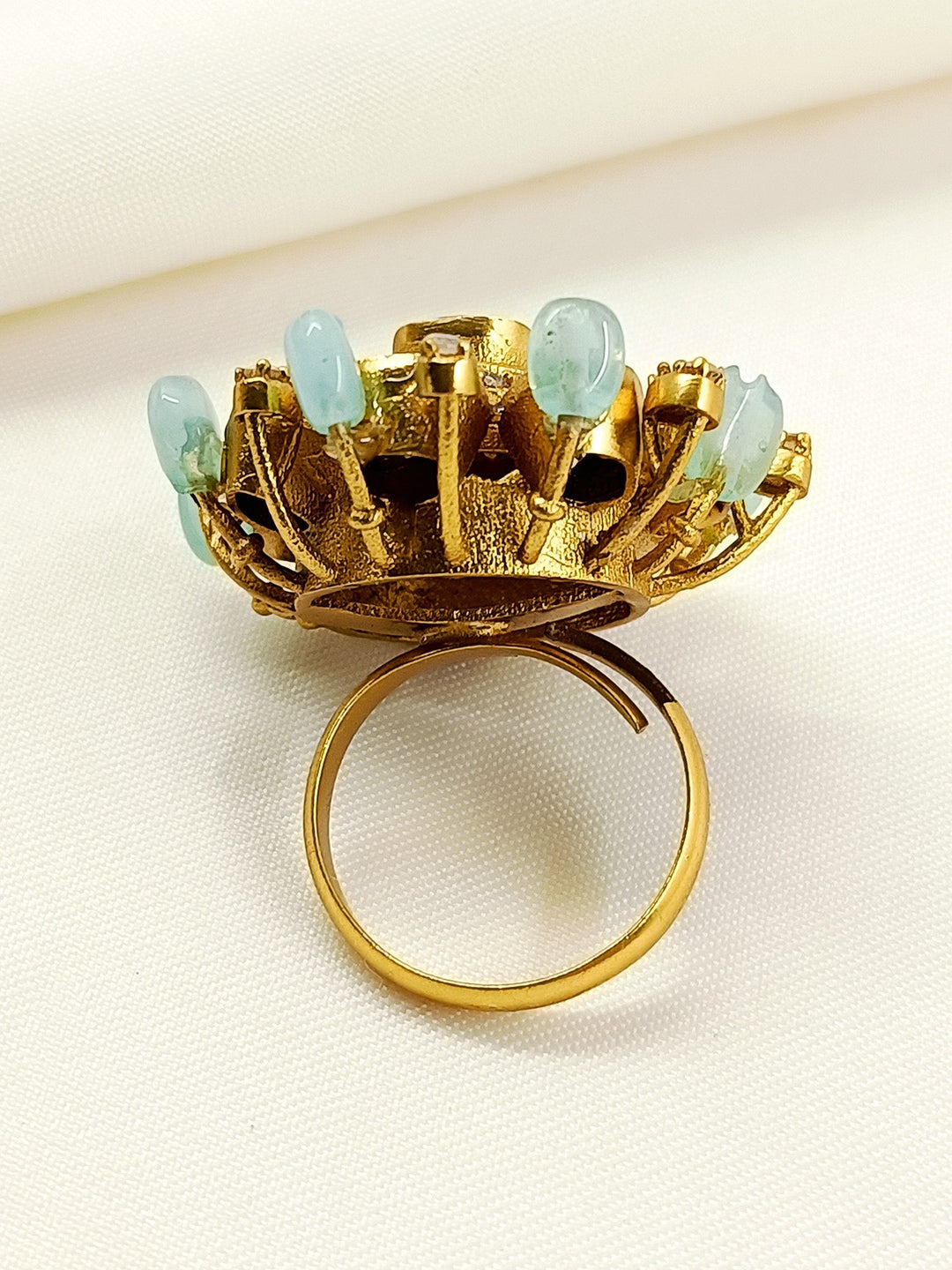 Urvashi Mint Green Kundan Finger Ring - Antique Gold Plating