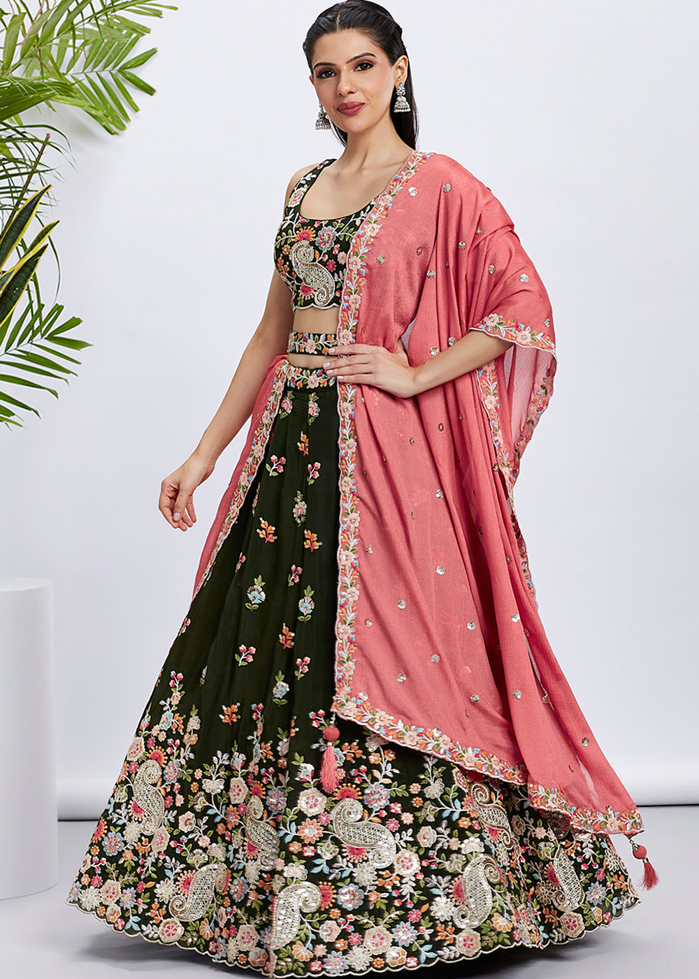 Dark Olive Green Georgette Lehenga Choli Adorned with Sequins & Thread Embroidery