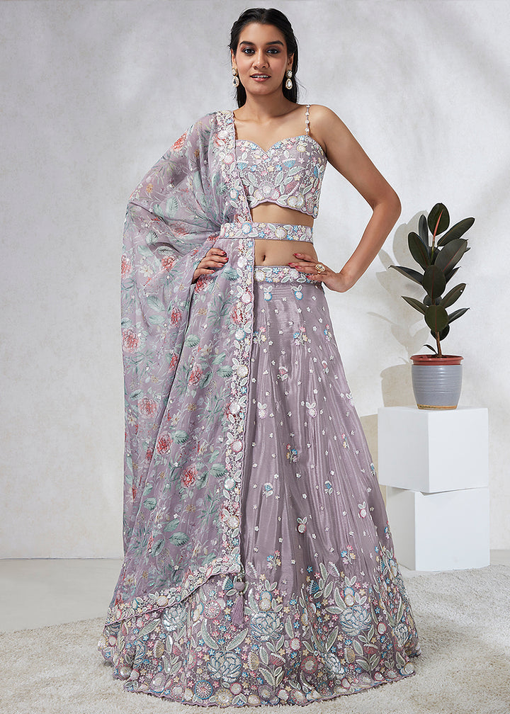 Veronica Purple Silk Chiffon Lehenga Choli Adorned with Sequins & Thread Embroidery