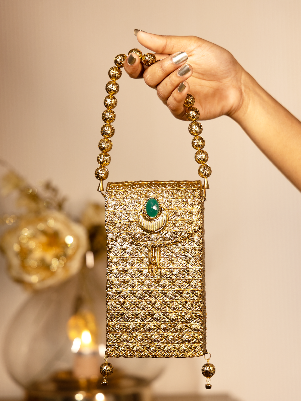 Saavi Green Golden Mobile Pouch - Brass Phone 17 cm