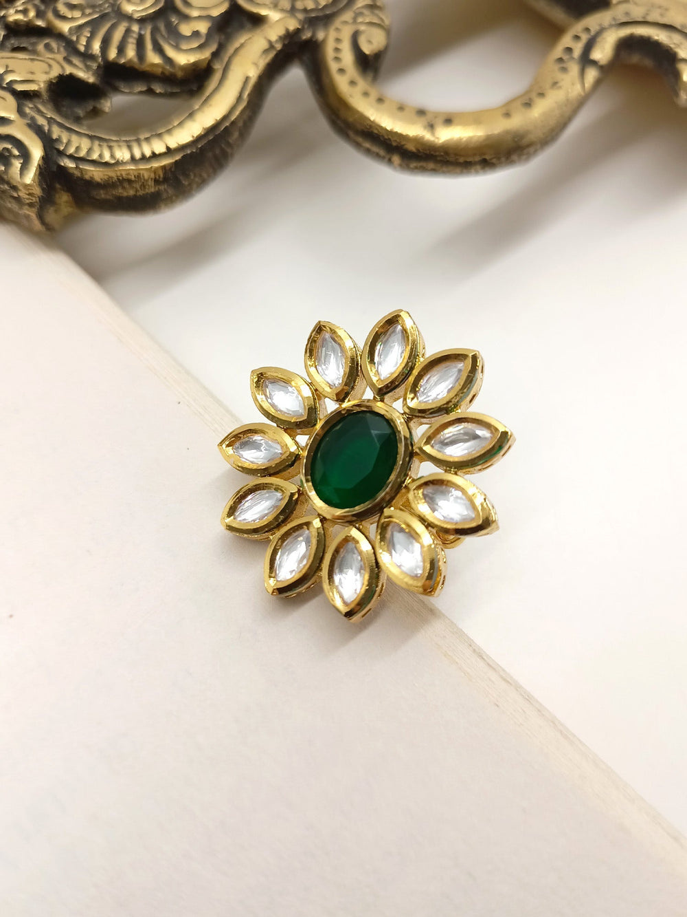 Jaspinder Green Kundan Finger Ring