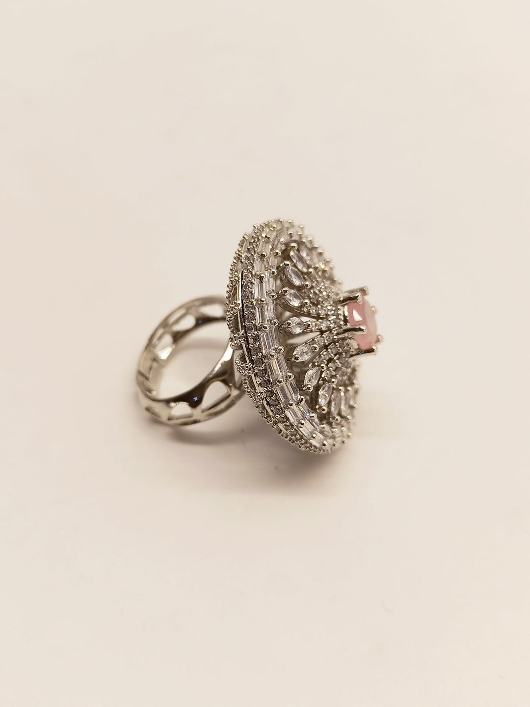 Nilambari Round Baby Pink Silver Ring