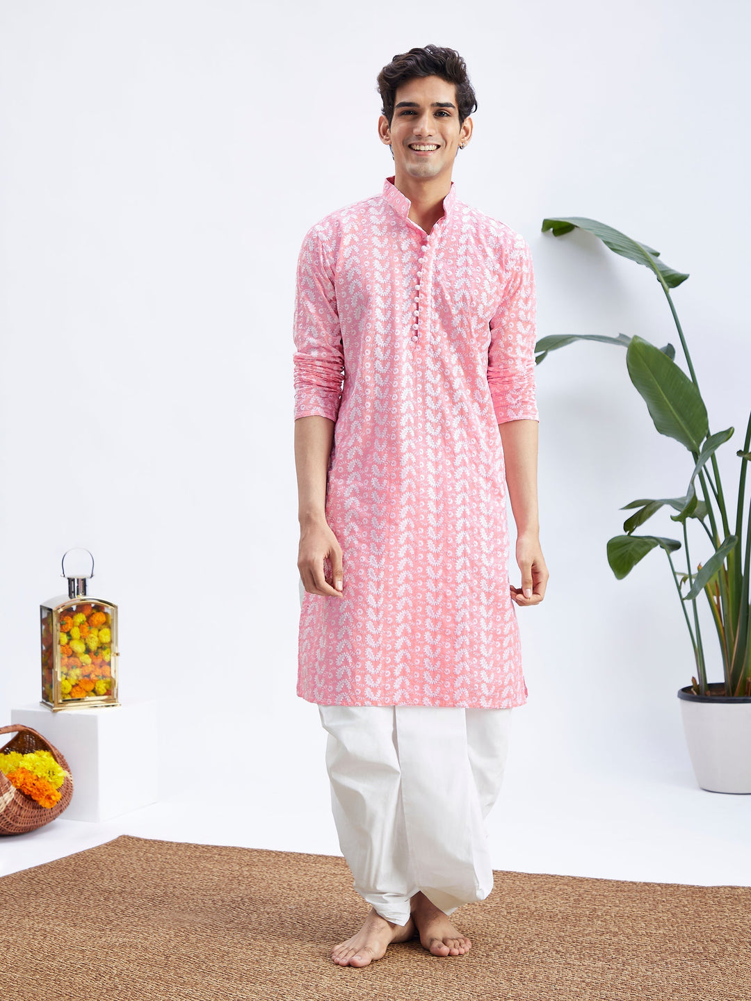 Sarvati Men's Pink Pure Cotton Chikankari Kurta With Dhoti set