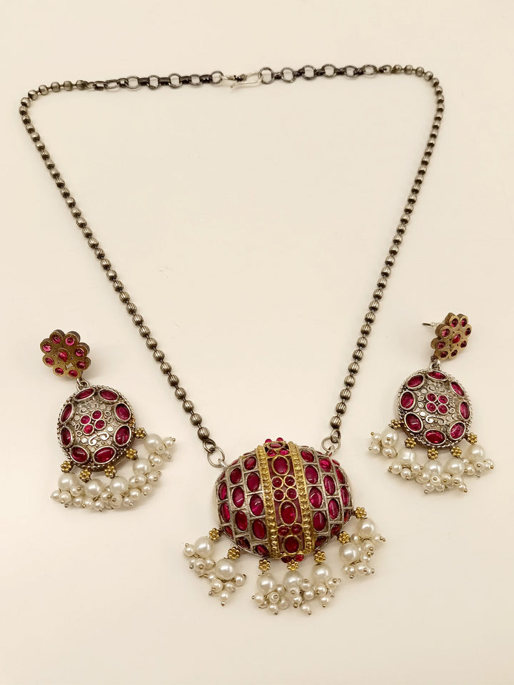 Sayoli Rose Pink Oxidized Pendant Set