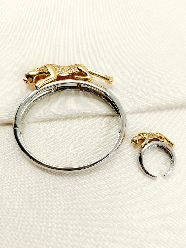 Akshat Silver Men’s Jaguar Bracelet &amp; Ring Combo - Dual Tone