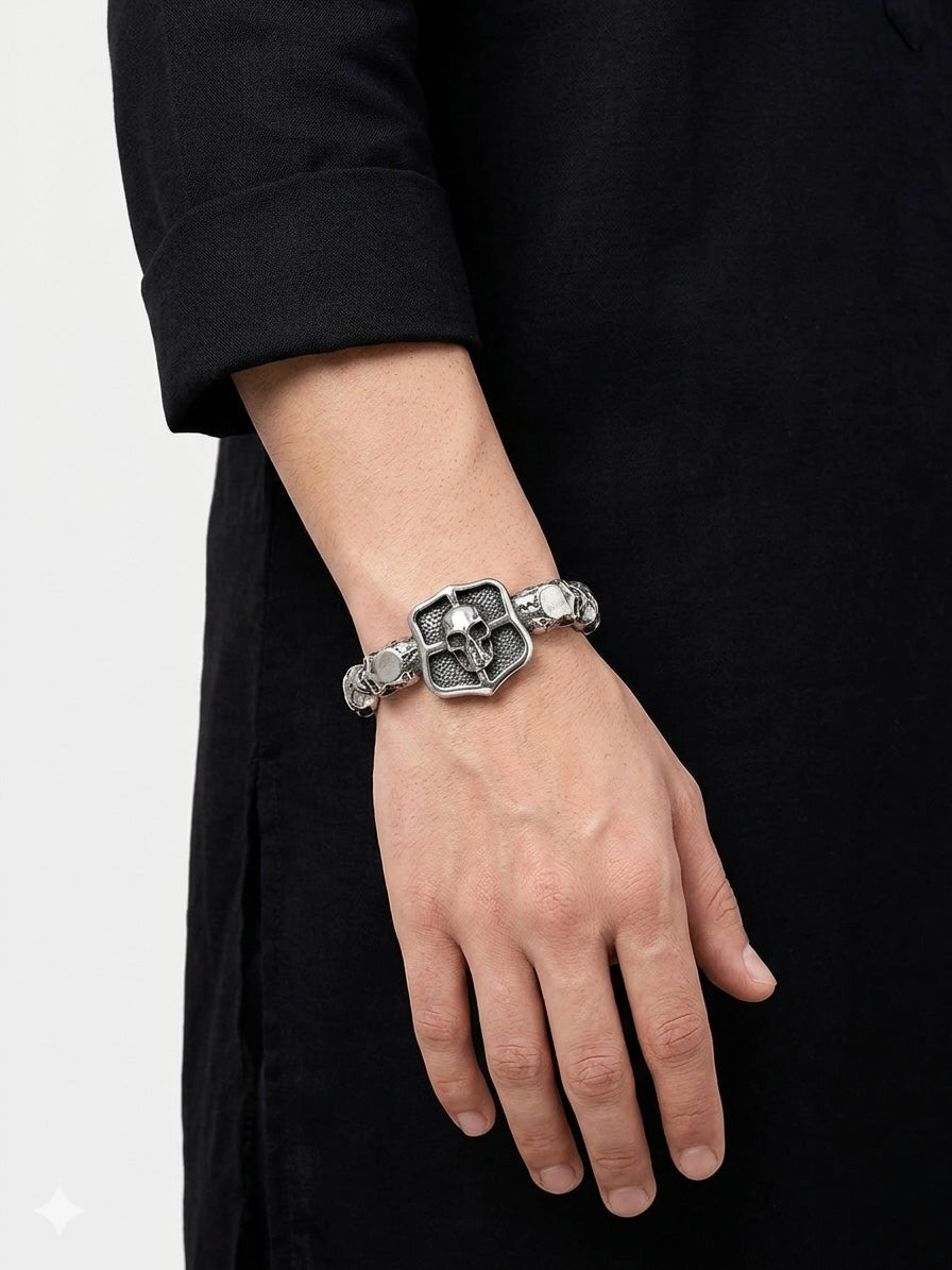 Arin Silver Skull Shield Men's Bracelet - Gothic Biker Cuff