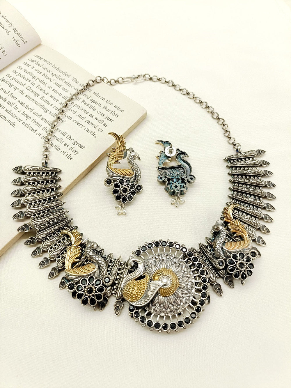 Elyna Black Peacock Oxidized Necklace Set