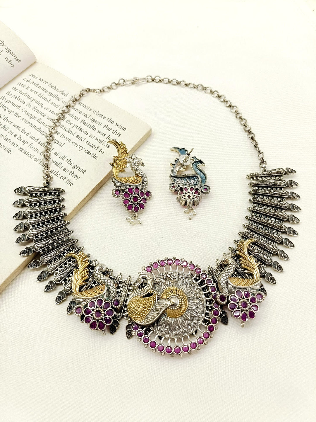 Elea Ruby Peacock Oxidized Necklace Set