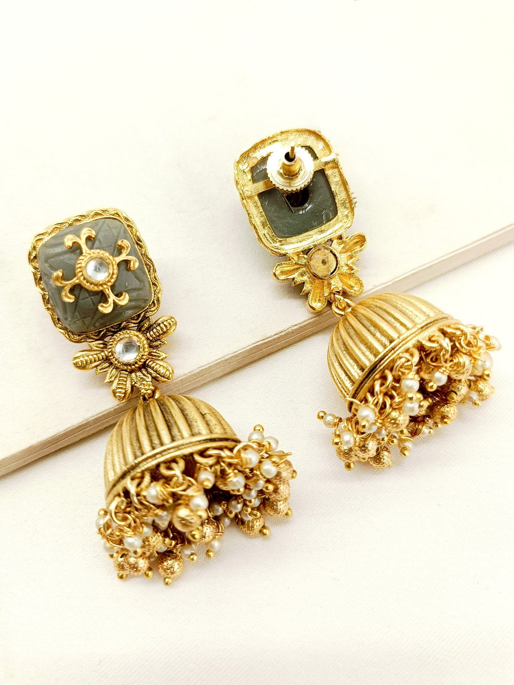 Meera Grey Stone Gold Plated Antique Jhumki