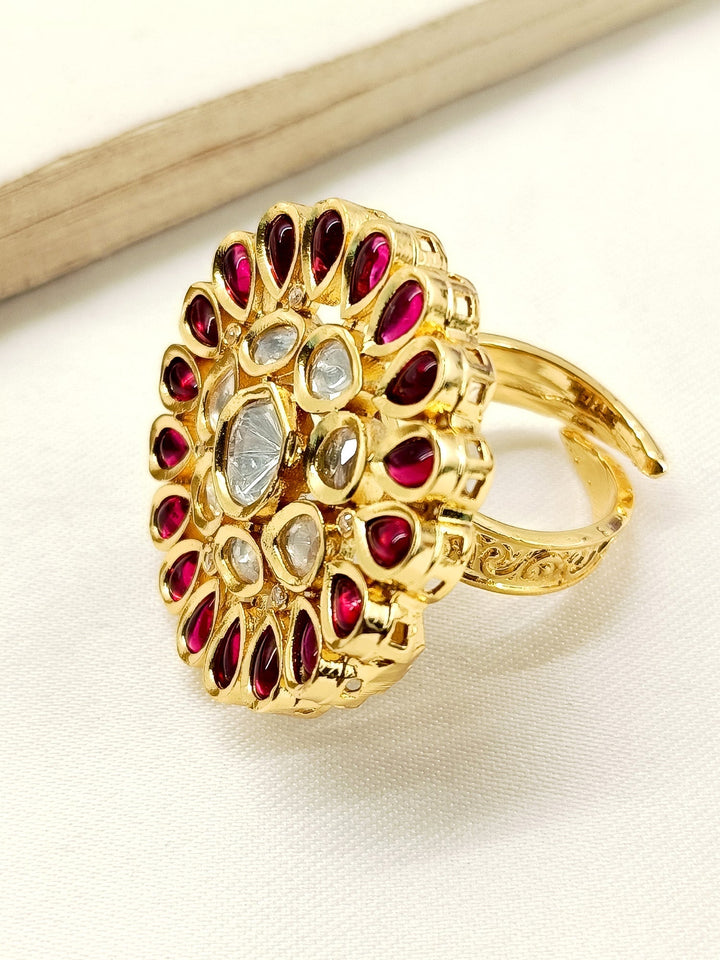 Yashfreen Maroon Kundan Finger Ring