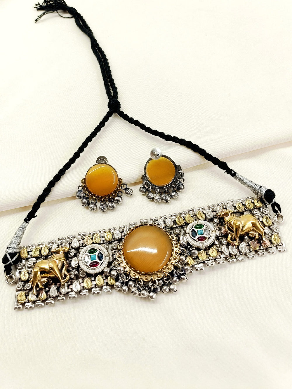 Richa Multi Colour Oxidized Choker Set - Gold-Plated Accents