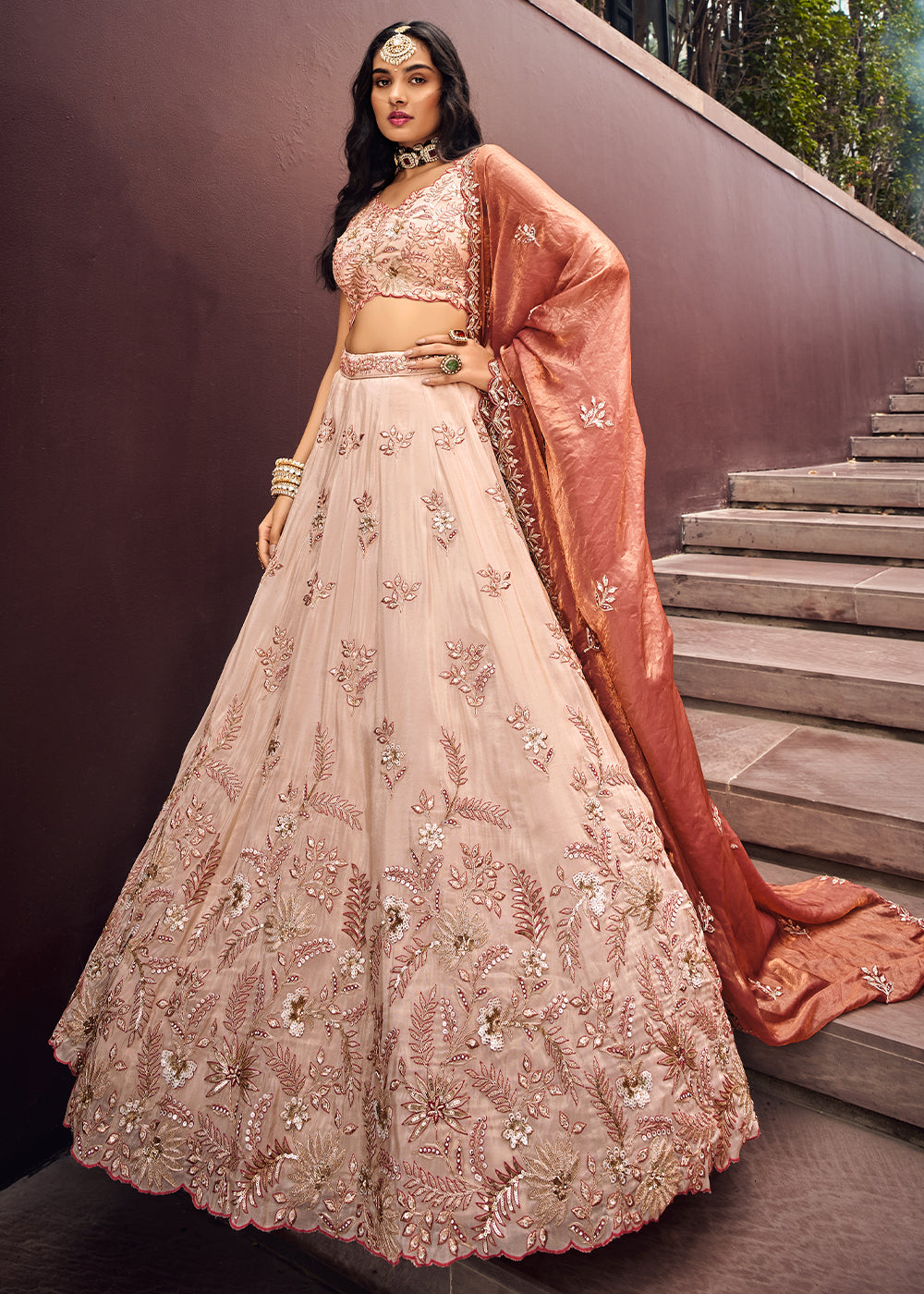 Rose Gold Pink Viscose Rayon Lehenga Choli Adorned with Sequins Embroidery Work