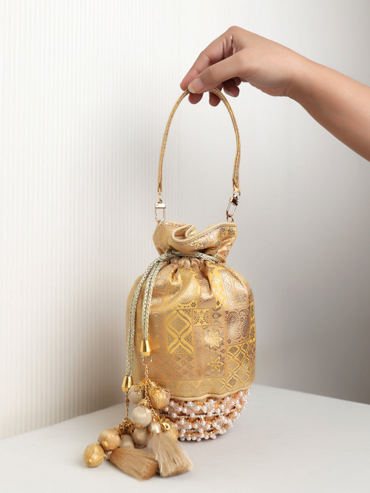 Pranile Mustard Yellow Banarasi Brocade Potli Bag with Pearl Base