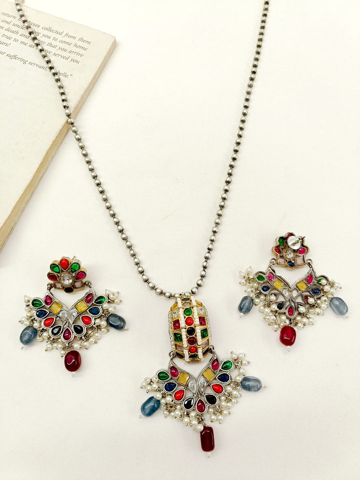 Beata Multi Colour German Silver Oxidized Pendant Set