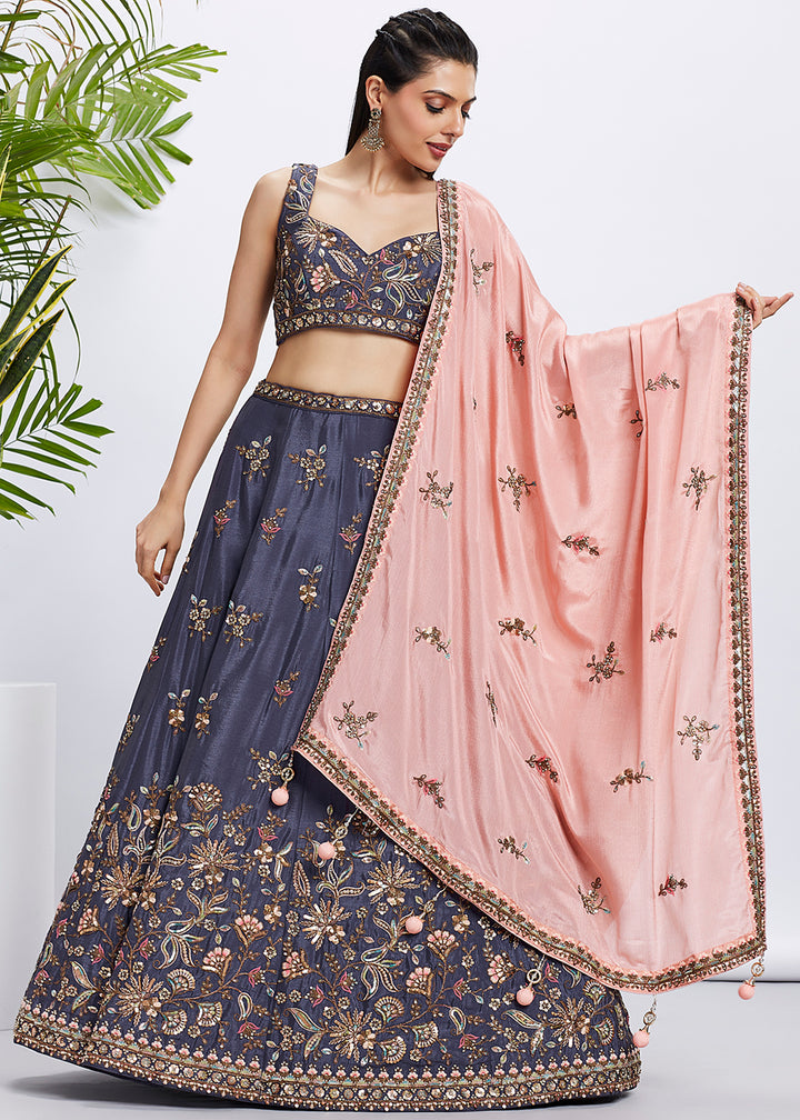 Royalty Purple Chiffon Lehenga Choli Adorned with Sequins & Thread Embroidery