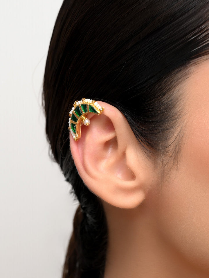 Bhavya Big Green Gold Plated Kundan Ear Cuff [ Price is for Pair ]