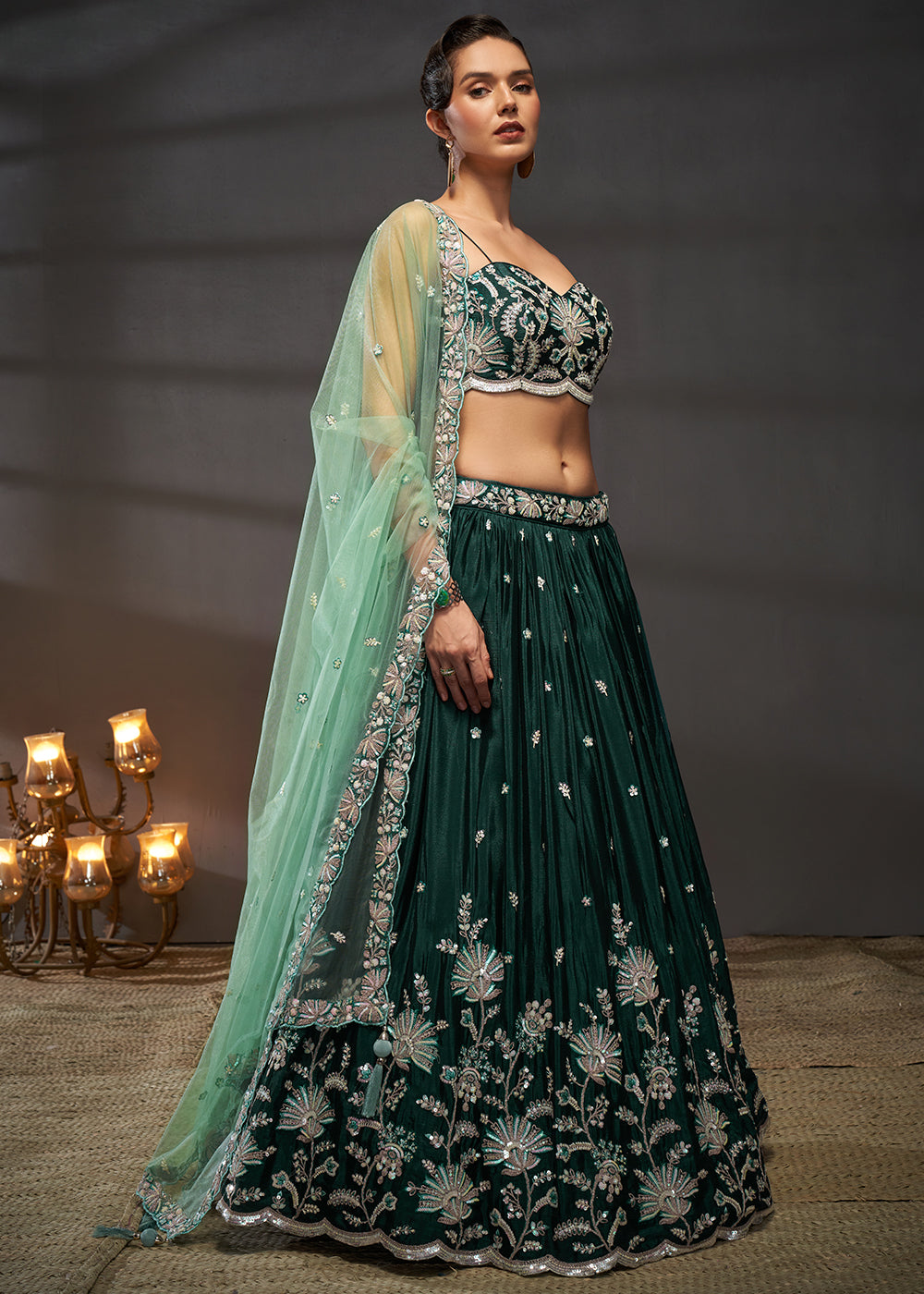 Sacramento Green Chiffon Lehenga Choli Adorned with Sequins Embroidery