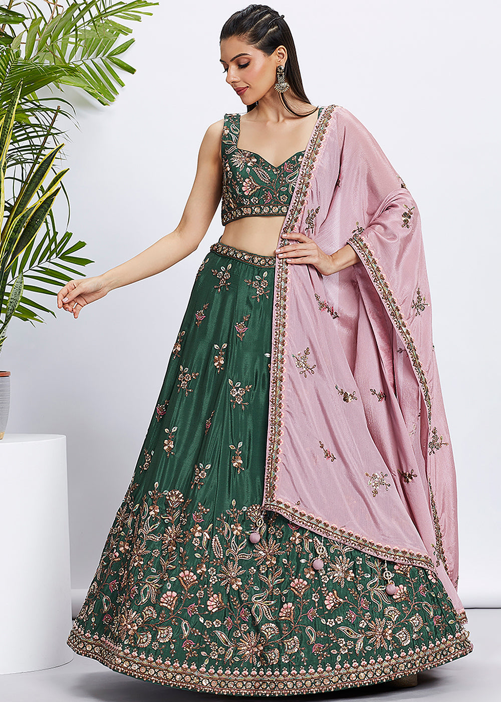 Dark Green Chiffon Lehenga Choli Adorned with Sequins & Thread Embroidery