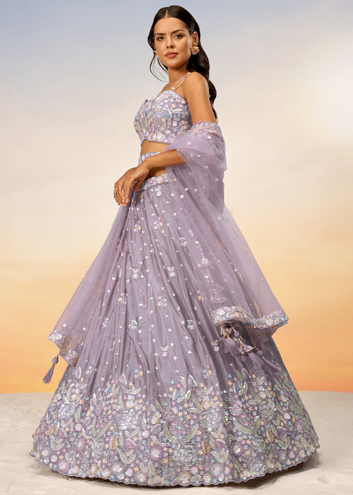 Periwinkle Purple Chiffon Lehenga Choli Adorned with Sequins & Thread Embroidery