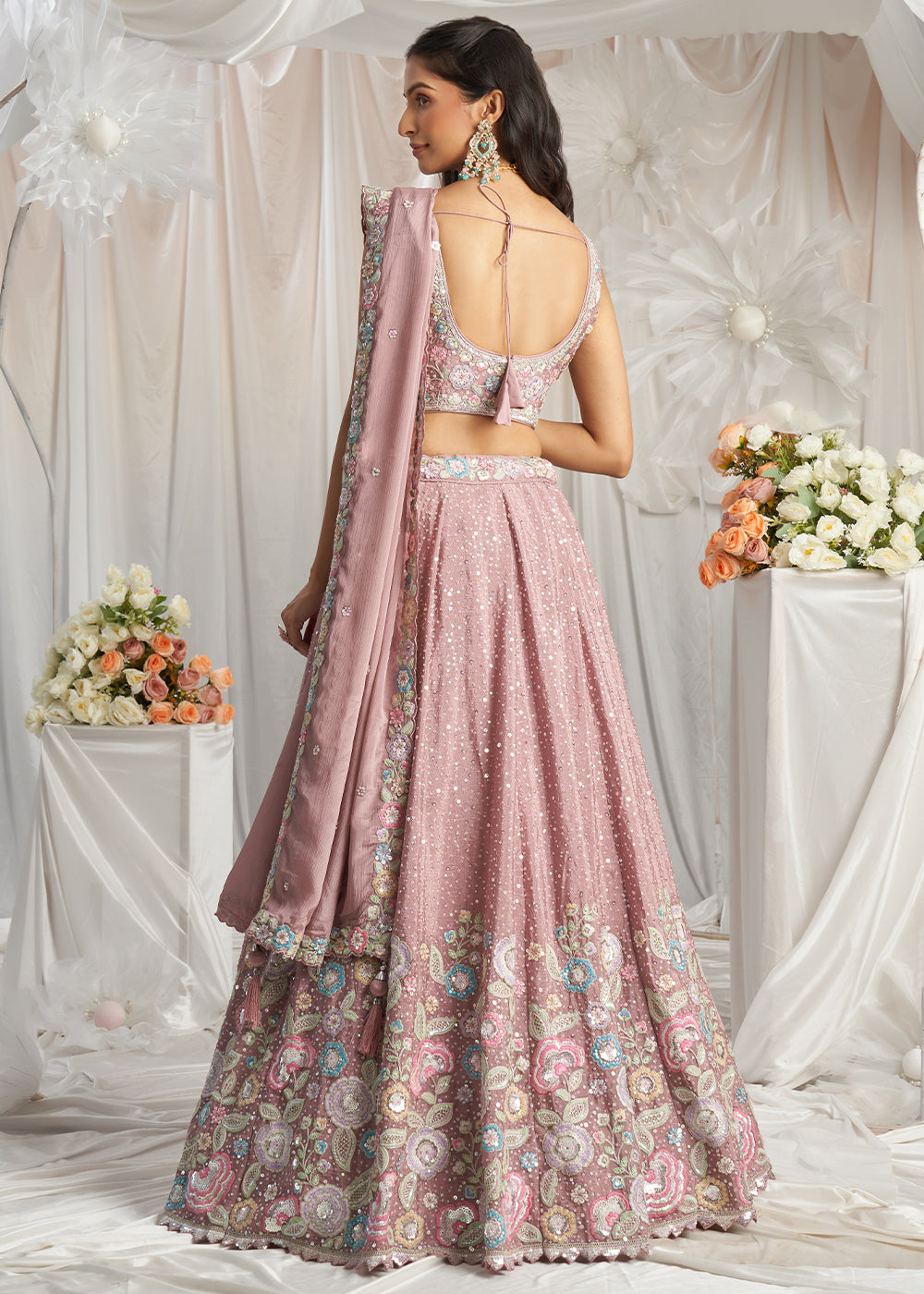 Rose Gold Pink Chiffon Lehenga Choli Adorned with Sequins & Thread Embroidery