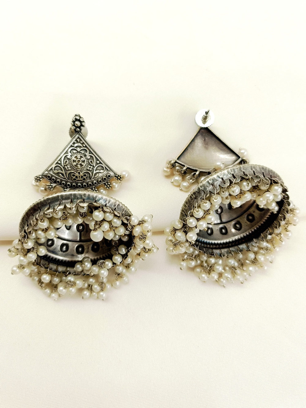 Chetaki White Pearl Oxidized Jhumki - Earrings