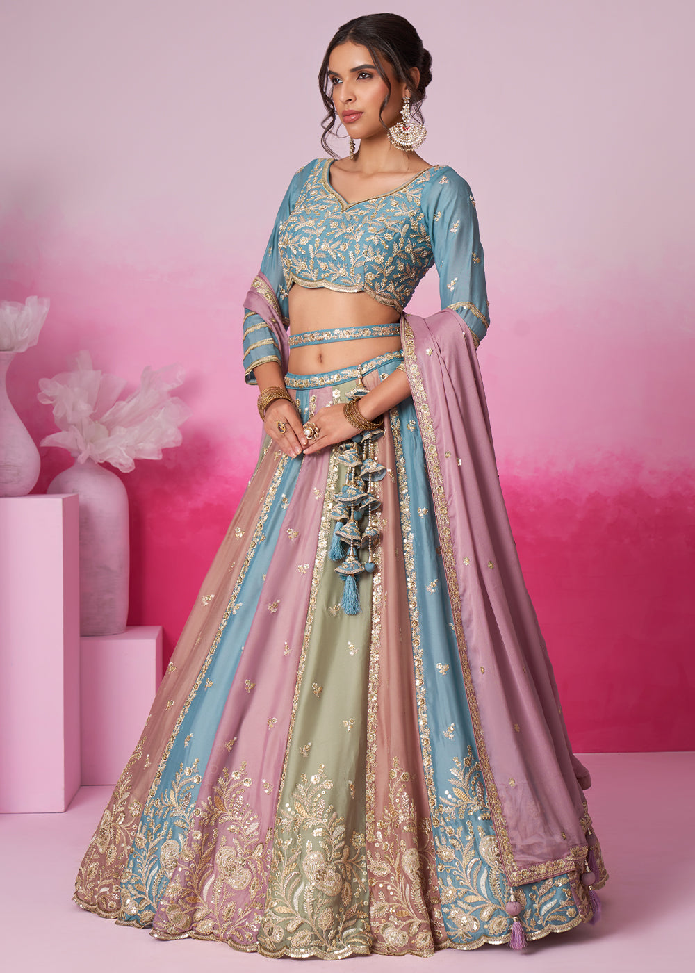 Blue & Green Georgette Lehenga Choli Adorned with Sequins Embroidery Work