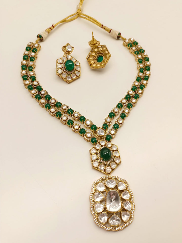 Ahti Emerald Long Kundan Polki Set