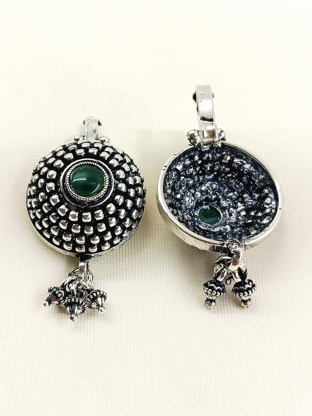 Gypsy Oxidized Tribal Sunburst Ear Cuff with Green Stone & Ghungroo
