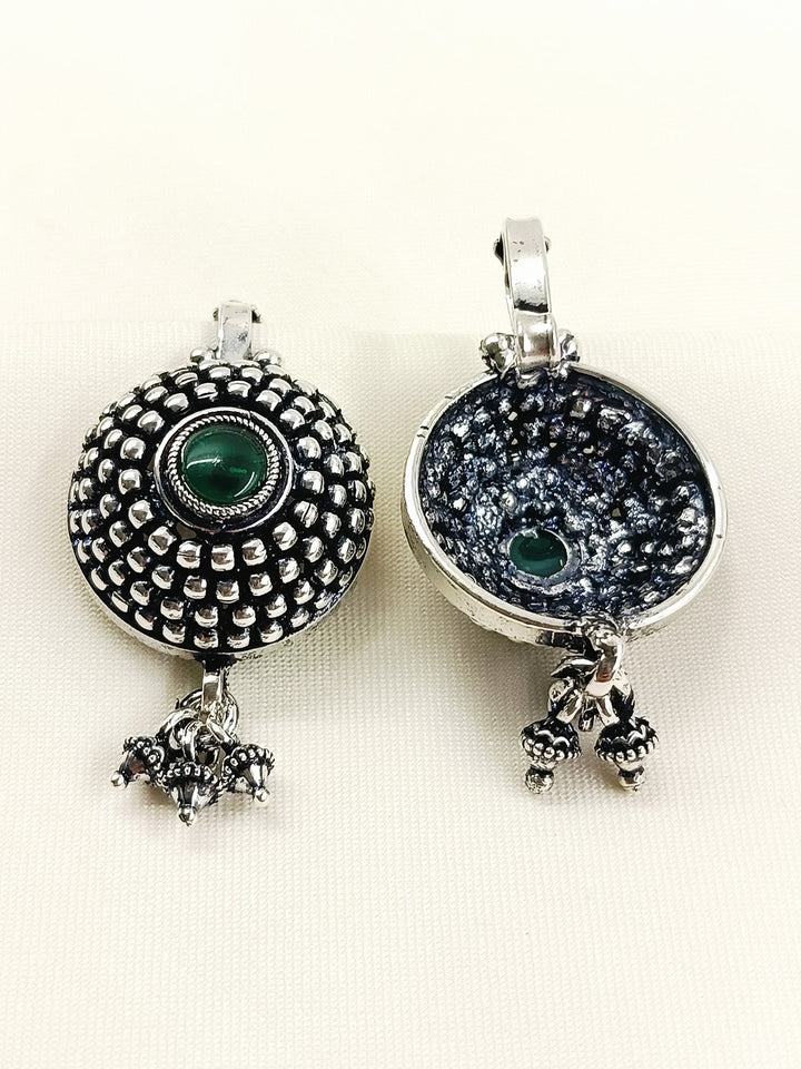 Gypsy Oxidized Tribal Sunburst Ear Cuff with Green Stone & Ghungroo